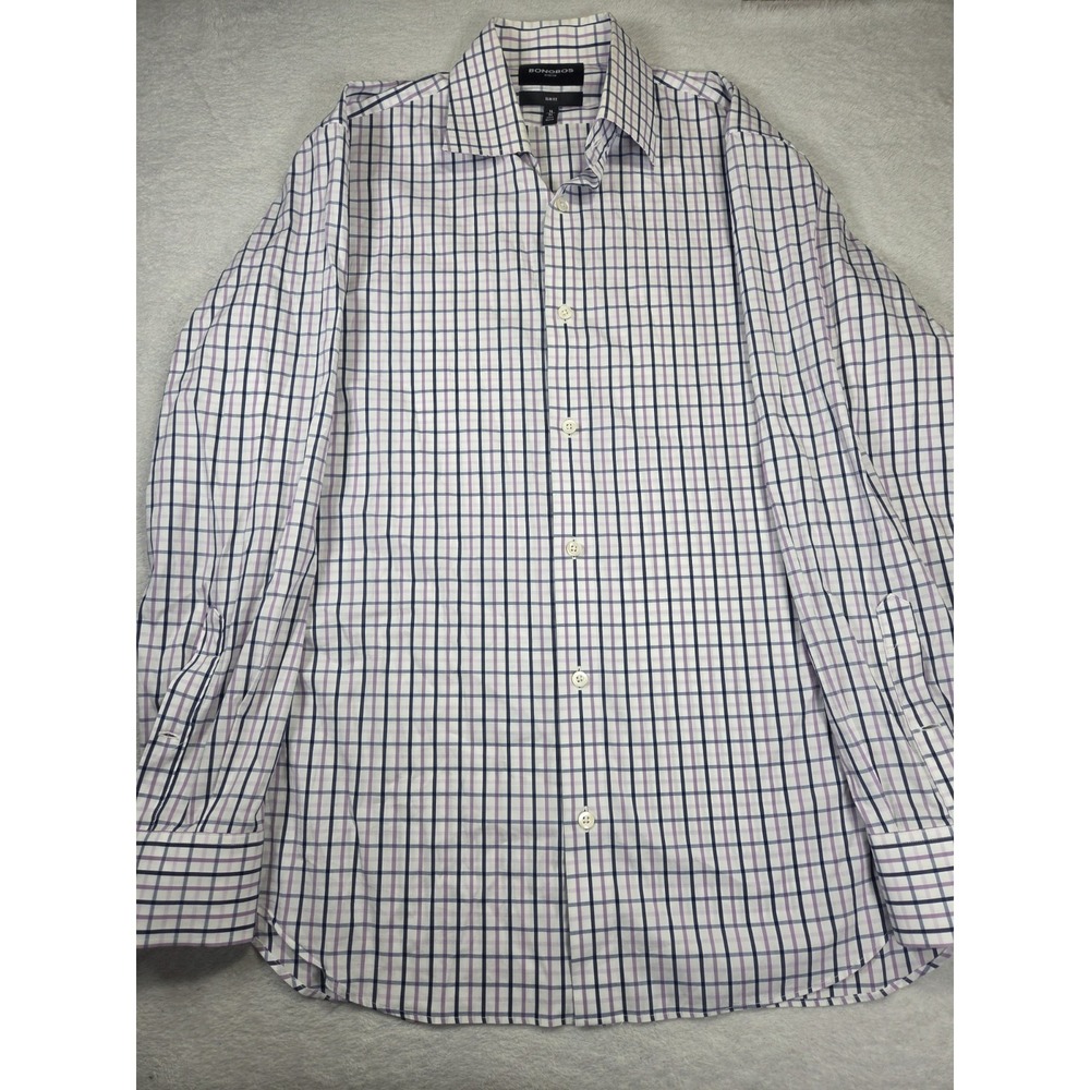 Bonobos Slim Fit Stretch Dress Shirt Mens 16 34 White Purple Navy Windowpane...